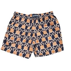 Vilebrequin Mens XXL Moorea Swim Trunks Navy Blue Orange Turtle Print Shorts